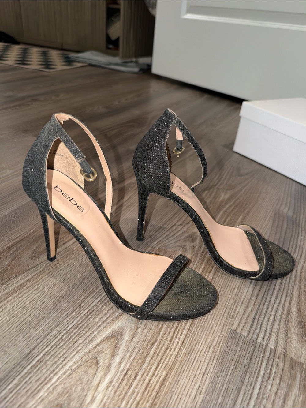 bebe Black Glitter Open-Toe Ankle-Strap Stilettos